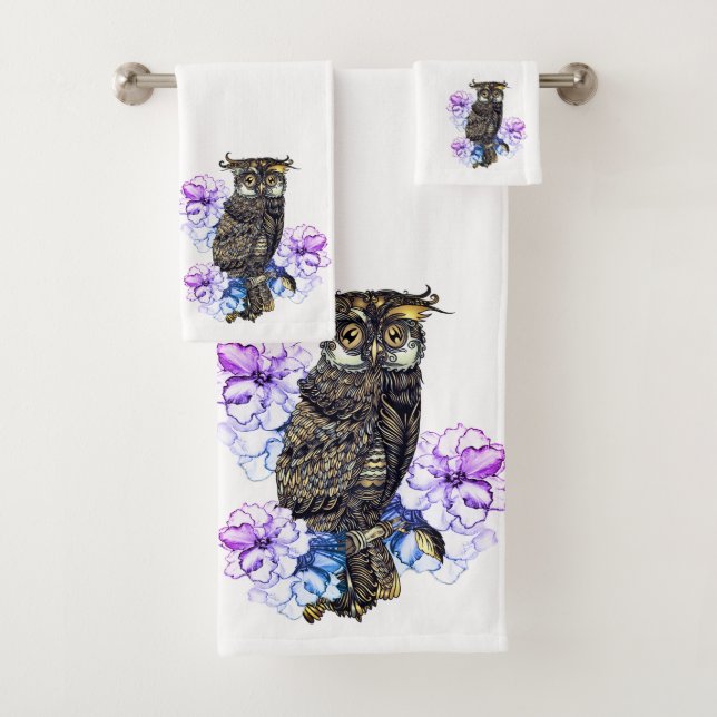Conjunto De Toalhas Coruja Marrom Flores Roxas (Insitu)