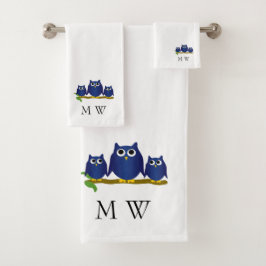 Conjunto De Toalhas Corujas Azuis Design Monogramado