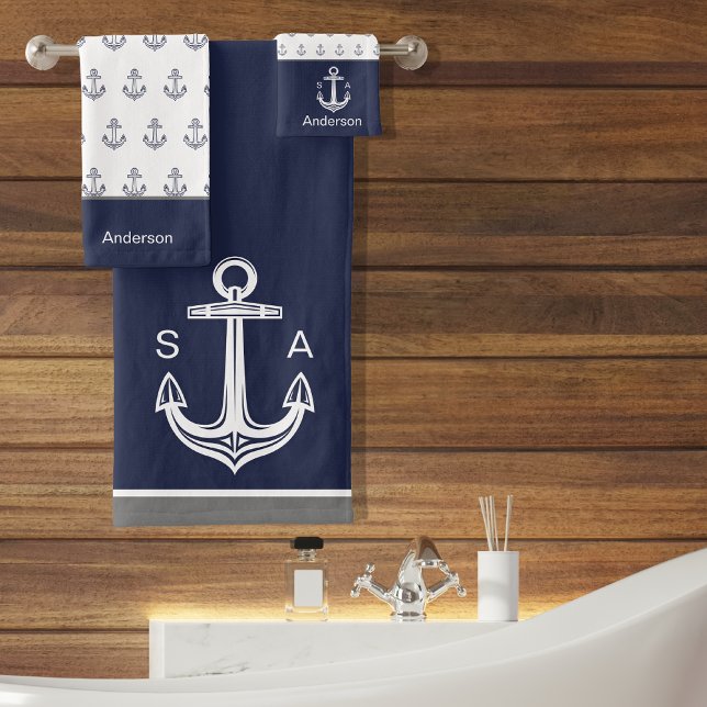 Conjunto De Toalhas Costeira Branca Azul Anchor Náutico Monograma (Criador carregado)