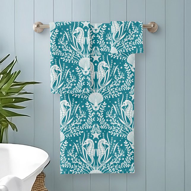 Conjunto De Toalhas Costeira Damask Seacavalo Teal Blue Padrão Branco (Criador carregado)