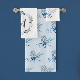 Conjunto De Toalhas Country Blue Rosa Watercolor
