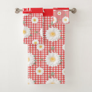 Conjunto De Toalhas Country Red Gingham com margaridas brancas