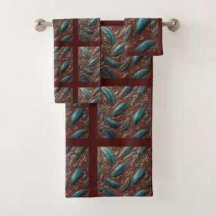 Conjunto De Toalhas Couro Falso Marrom Gravado e Penas Azul Turquesa