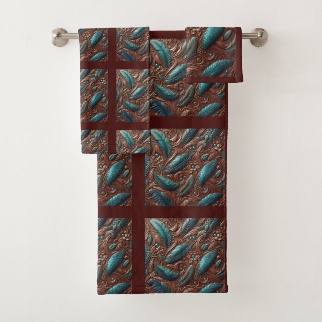 Conjunto De Toalhas Couro Falso Marrom Gravado e Penas Azul Turquesa (Insitu)