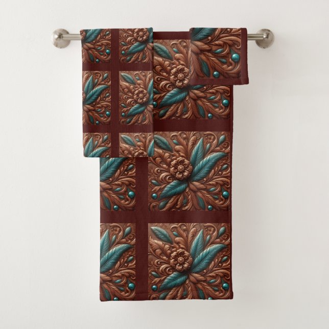 Conjunto De Toalhas Couro Falso Marrom Gravado e Penas Azul Turquesa (Insitu)