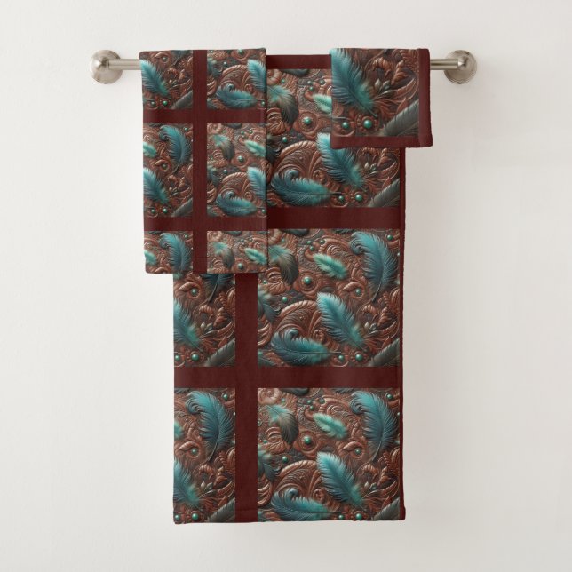 Conjunto De Toalhas Couro Falso Marrom Gravado e Penas Azul Turquesa (Insitu)