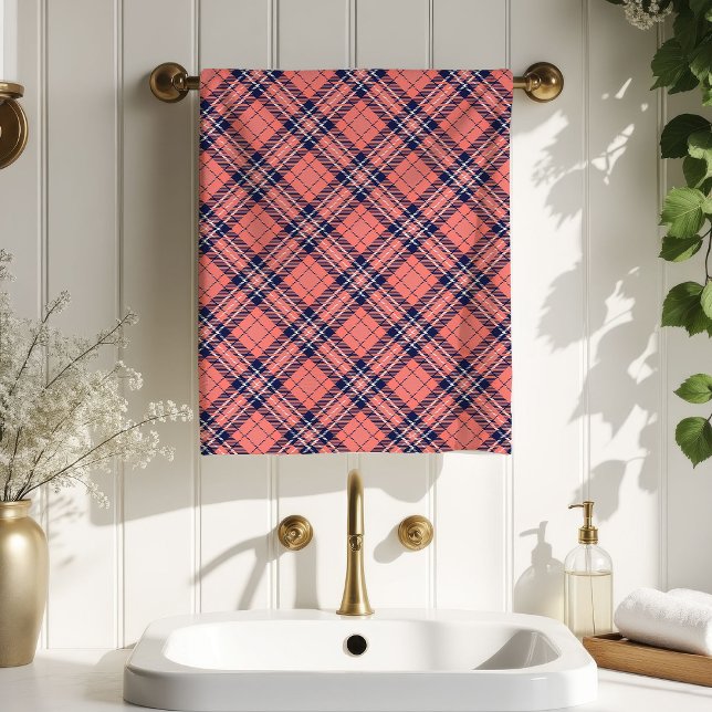 Conjunto De Toalhas Cozy Plaid Towel Coral Navy Birthday Surprise (Cozy Plaid Towel Coral Navy Birthday Surprise)