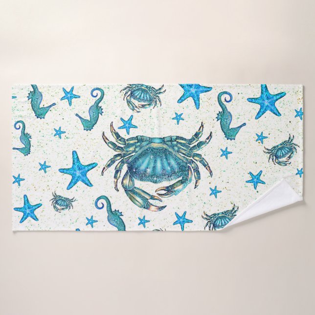 Conjunto De Toalhas Crab-Starfish-Sparkle, de Azul-Praia Moderna (Toalha de Banho)