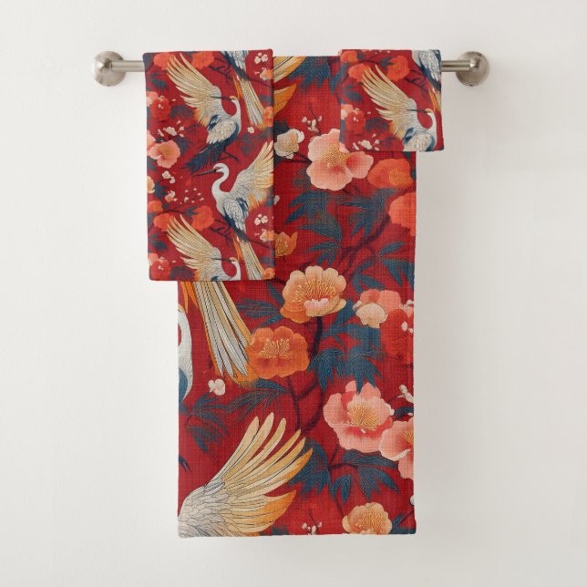 Conjunto De Toalhas Crane vermelha Kimono japonesa e pedras (Insitu)