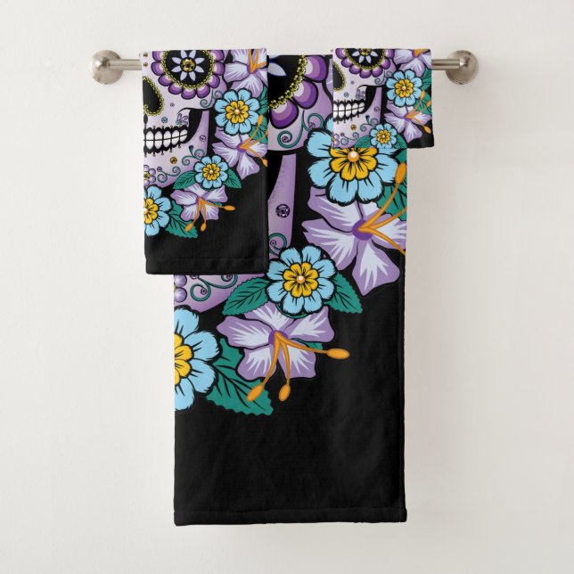 Conjunto De Toalhas Crânio de Açúcar Roxo com Flores (Insitu)