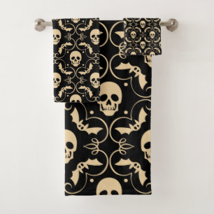 Conjunto De Toalhas Cranios e Morcegos de Halloween Preto e Creme