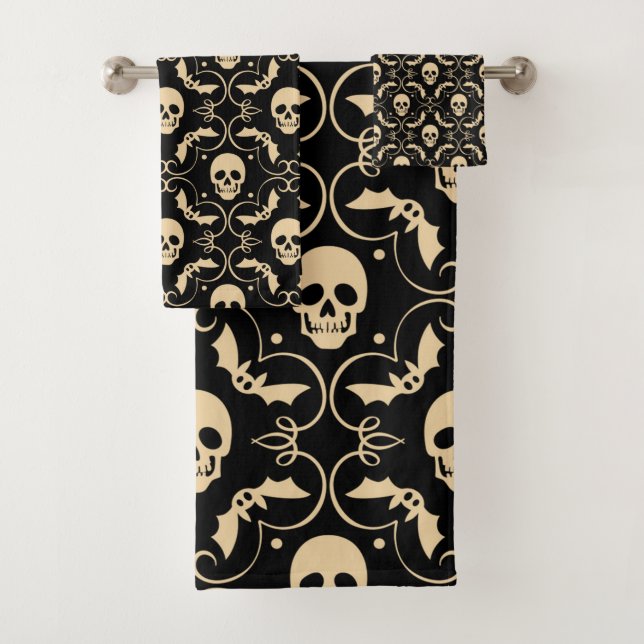 Conjunto De Toalhas Cránios e Morcegos de Halloween Preto e Creme (Insitu)