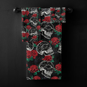 Conjunto De Toalhas Crânios e Rosas vermelhas Grelha Gótica Moderna