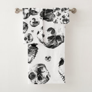 Conjunto De Toalhas Cránios Preto e Branco Padrão de Arte de Caveira