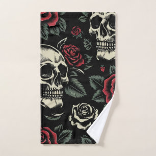 Conjunto De Toalhas Crânios & Rosas Vermelhas Floral Gótico