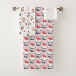 Conjunto De Toalhas Cupcake Bath Totol Set - Bolinhas Cor-De-Rosa