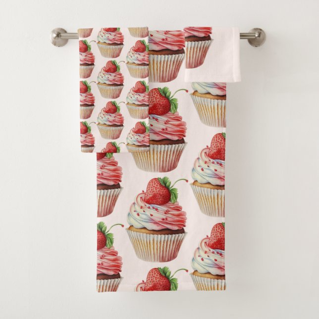 Conjunto De Toalhas Cupcake de morango Padrão de deserto doce (Insitu)