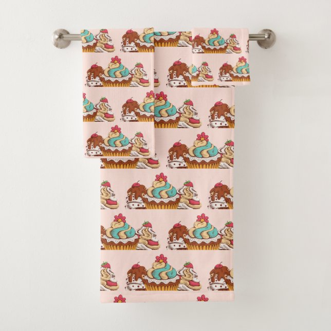 Conjunto De Toalhas Cupcakes de Estilo Retroativo Padrão de Sobremesa  (Insitu)