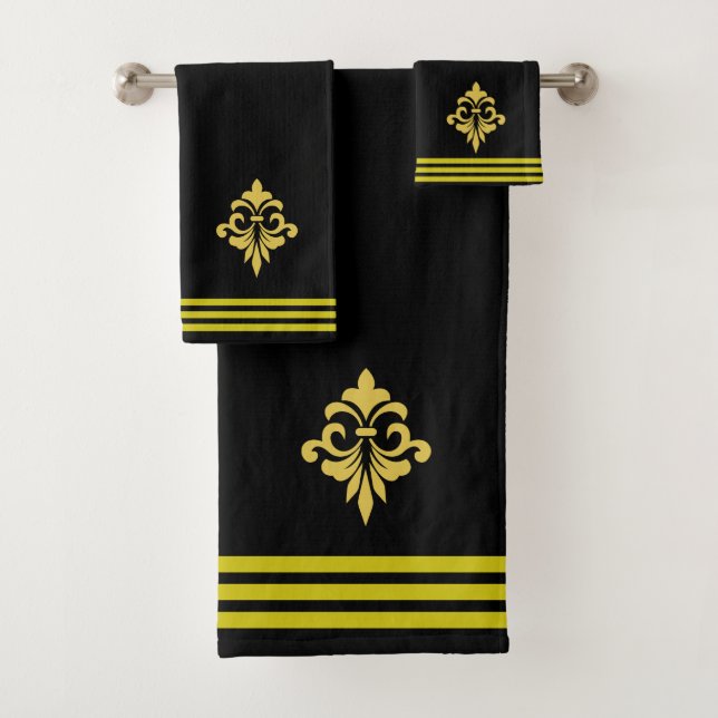 Conjunto De Toalhas Custom Golden Fleur de Lis, Three Stripes on Black (Insitu)