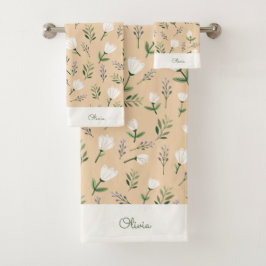 Conjunto De Toalhas Custom Name Towels – White Floral on Vanilla