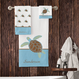 Conjunto De Toalhas Custom Nautical Coastal Sea Turtle Blue and Gray