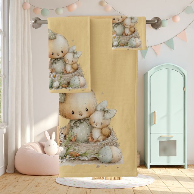 Conjunto De Toalhas cute bunny with Easter eggs in a flower meadow (Criador carregado)
