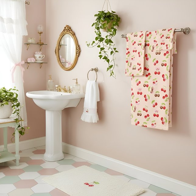 Conjunto De Toalhas Cute Cherry and Bow Pattern Sweet Aesthetic  (Criador carregado)