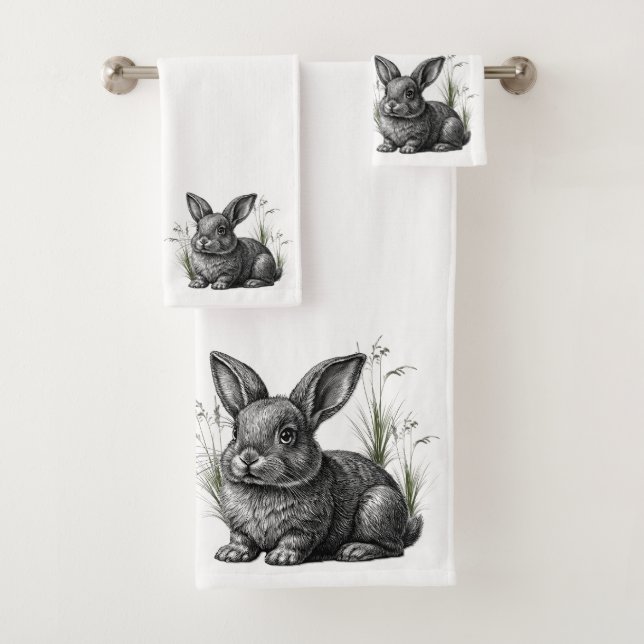 Conjunto De Toalhas Cute Gray Rabbit Among the Grass (Insitu)