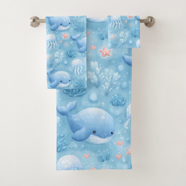 Conjunto De Toalhas Cute light blue whale bath towel set (Insitu)