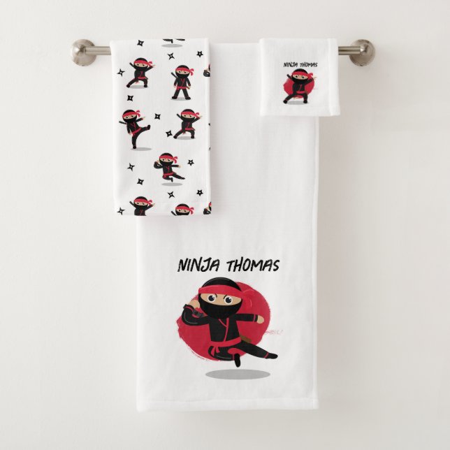 Conjunto De Toalhas Cute Ninja Guerreira Preto e Vermelho (Insitu)