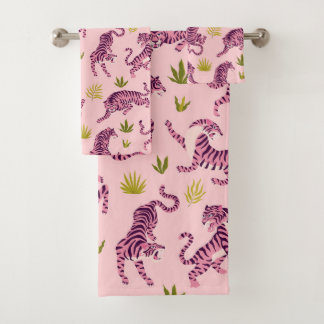 Conjunto De Toalhas Cute Pink Tigers Tropical Leaves Abstract Animal