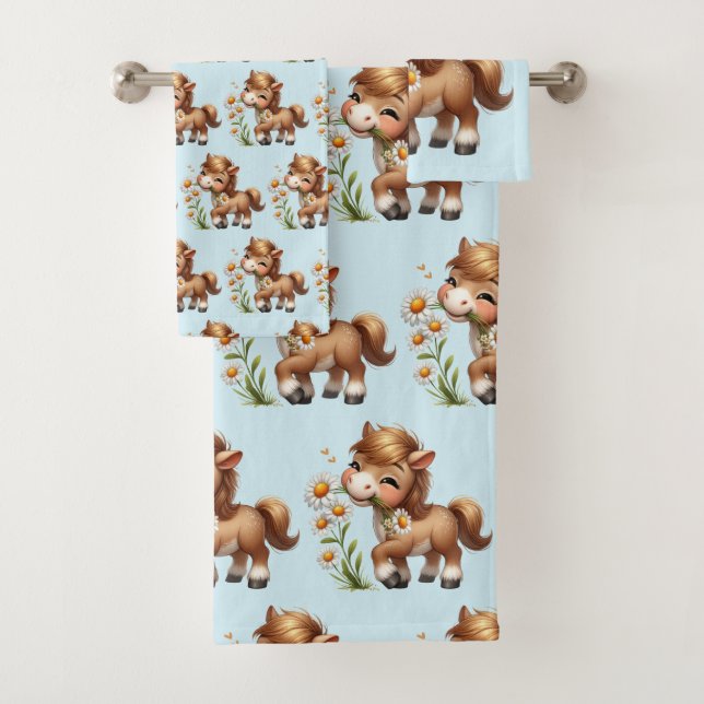 Conjunto De Toalhas Cute Pony Eating Daisies (Insitu)
