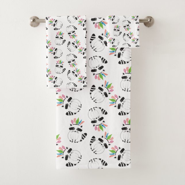 Conjunto De Toalhas Cute Raccoon com penas na cabeça (Insitu)
