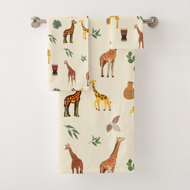 Conjunto De Toalhas Cute Safari Africa Themed Girafa Beige Tribal  (Insitu)