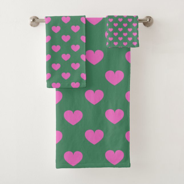 Conjunto De Toalhas Cute Simple Preppy Pink and Green Heart Pattern (Insitu)