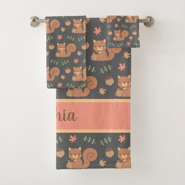 Conjunto De Toalhas Cute Squirrel Acorn Autumn Deixa Nome Padrão (Insitu)
