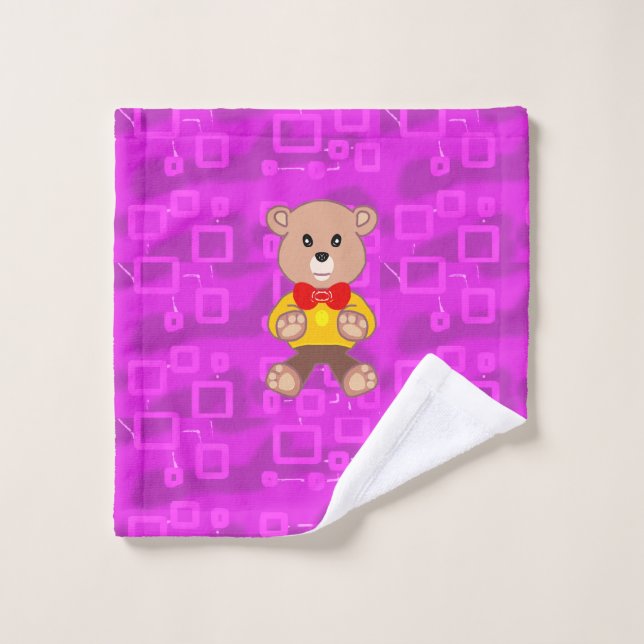Conjunto De Toalhas Cute Teddy Bear on Pink Geometric  (Pano de lavar)
