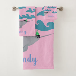 Conjunto De Toalhas Cute Unicorn Narwhale Sea Kids Nome Rosa 
