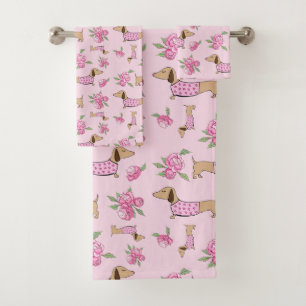 Conjunto De Toalhas Dachshund Bath Towel Set Doxie + Peonies Floral