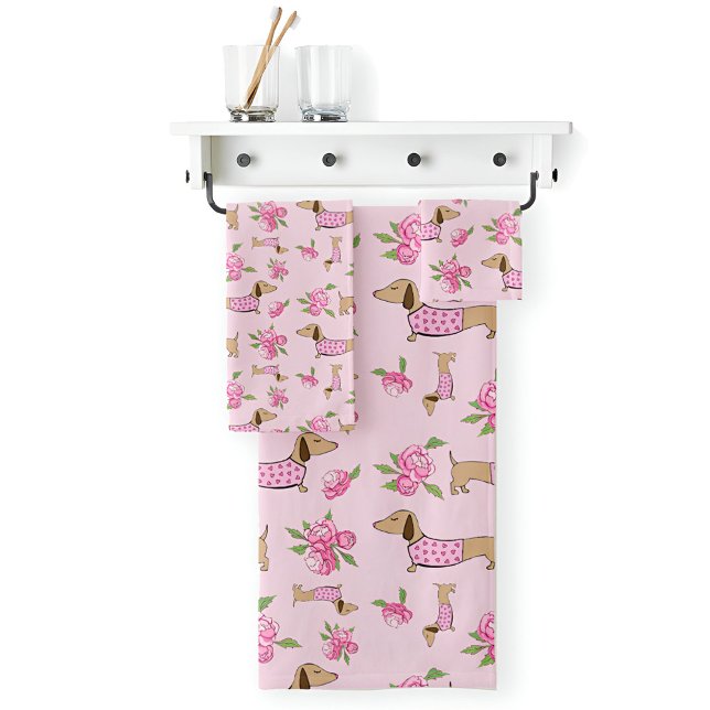 Conjunto De Toalhas Dachshund Bath Towel Set Doxie + Peonies Floral (Criador carregado)