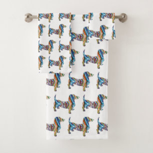 Conjunto De Toalhas Dachshund bonito em padrão zebra psicodílico