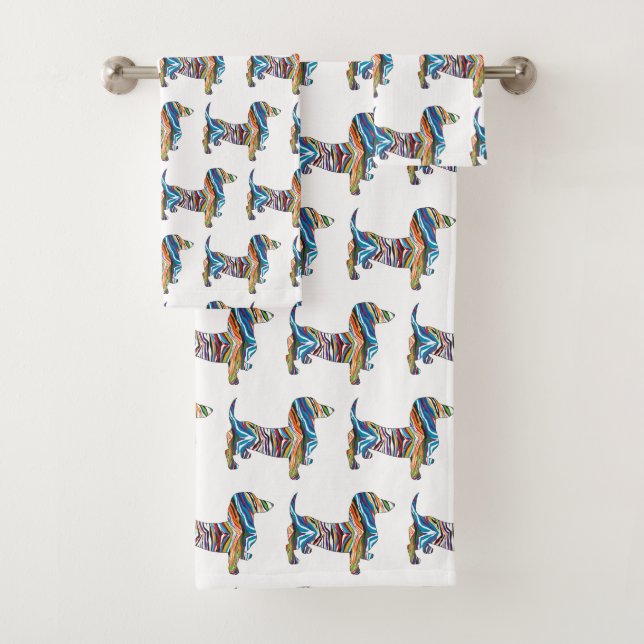 Conjunto De Toalhas Dachshund Bonito num Padrão Zebra Psicélico (Insitu)
