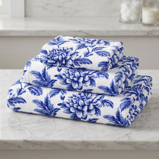 Conjunto De Toalhas Dahlias Azuis e Brancas Flores Toile de Jouy