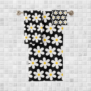 Conjunto De Toalhas Daisies Retro Padrão Floral Branco Preto