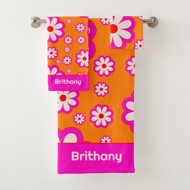 Conjunto De Toalhas Daisy Pattern Pink & Orange 70s Nome Floral Retroa (Insitu)