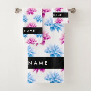 Conjunto De Toalhas Dália Rosa e Azul, Padrão Floral, Seu Nome