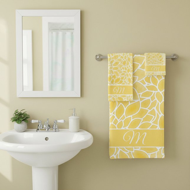 Conjunto De Toalhas Dálias amarelo pastel monograma (Criador carregado)
