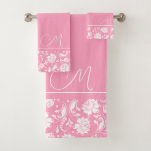 Conjunto De Toalhas Damas de vinheta, cor-de-rosa e branca, monograma,