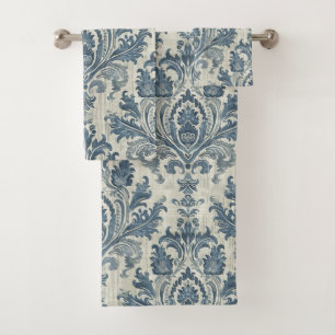 Conjunto De Toalhas Damasco Azul Luxurioso no Fundo do Creme