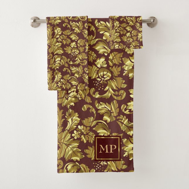 Conjunto De Toalhas Damasco Dourado Monograma (Insitu)